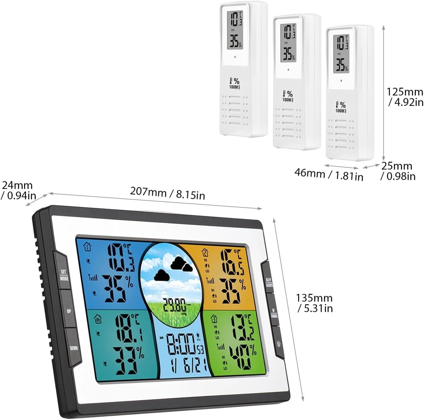 SONGAUN Weather Station, Digital Weather Station with 3 Remote Sensors 328ft/ 100m Temperature Humidity Alarm Clock with Weather Function for Warehouse