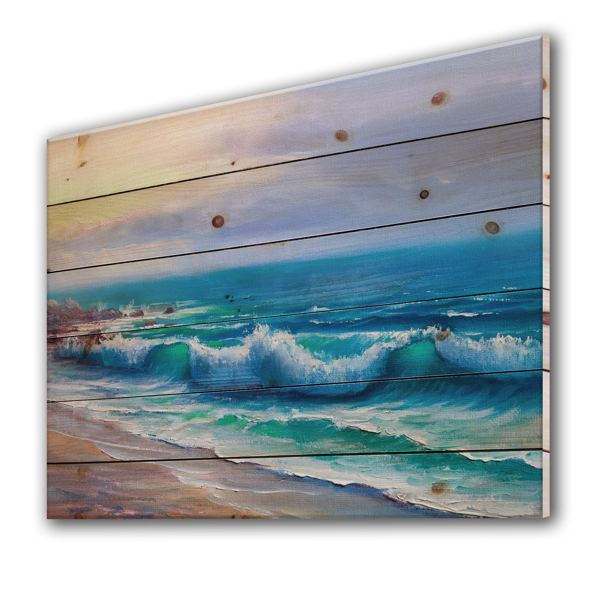 Designart 'Sunshine Reflecting Throug Braking Sea Waves VI' Coastal Print on Natural Pine Wood