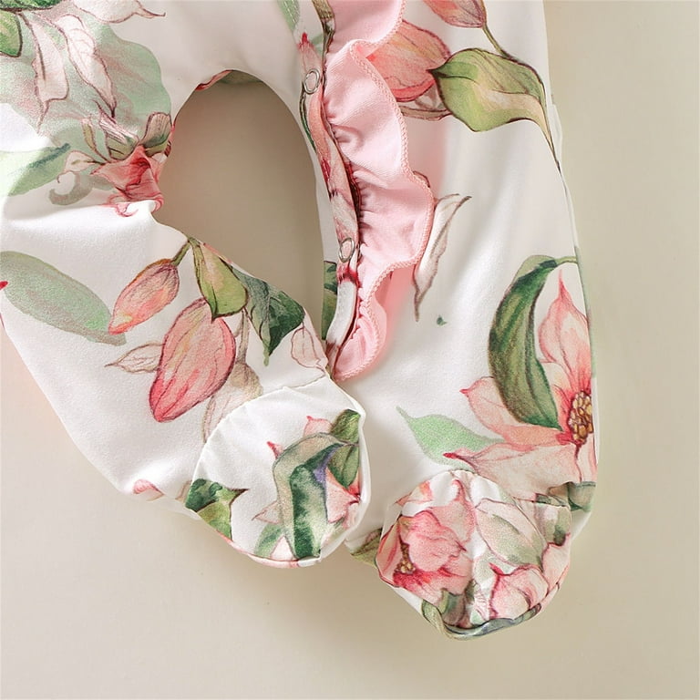 KI-8jcuD Summer Clothes Baby Girl Boy Ruffle Floral Footed Sleeper