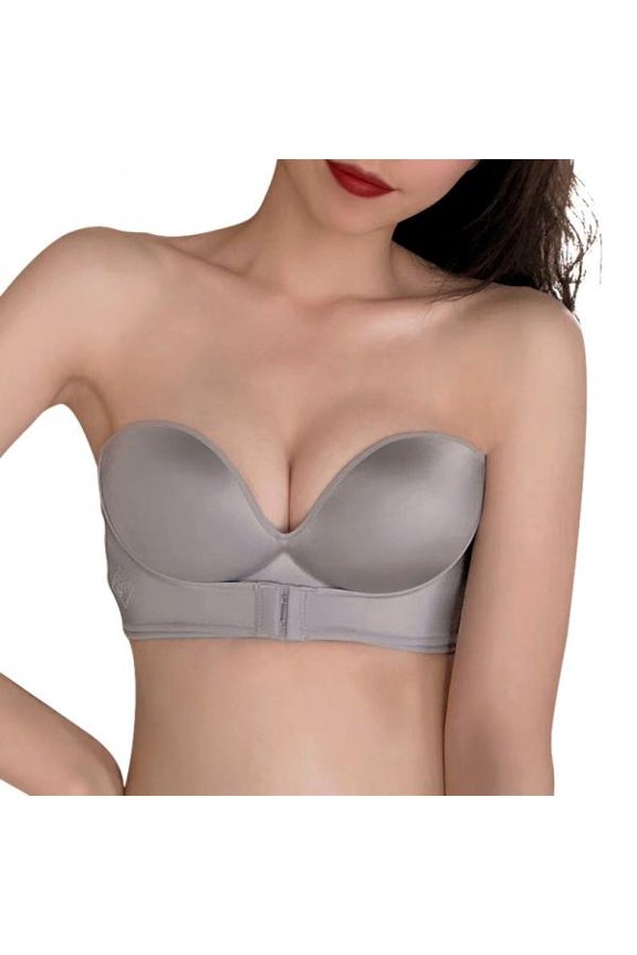 Women Sexy Strapless Gather Bra,Front Closure Push Up Invisible Lingerie