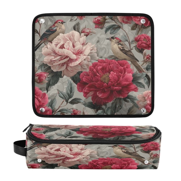 Hair Tool Organizer Bag with Heat Resistant Mat Removable Travel Storage Case for Hot Air Brushes Curling Irons Pink and Red Peonies
