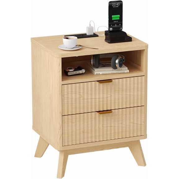 GarveeHome Modern Fluted Night Stand, Nightstand with USB Charging Station, Two Drawer Filing Cabinet with Shelf, Wood