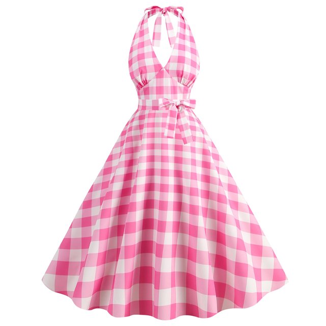 Puntoco Vestidos Mujer Verano Moda Mujer Corte Contraste Cuello Alto Cuadros Vestido Grande