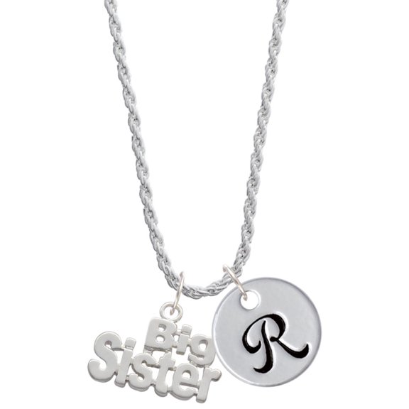 Delight Jewelry Silvertone Big Sister Silvertone Script Initial Disc - R - Charm Necklace, 20"+3"