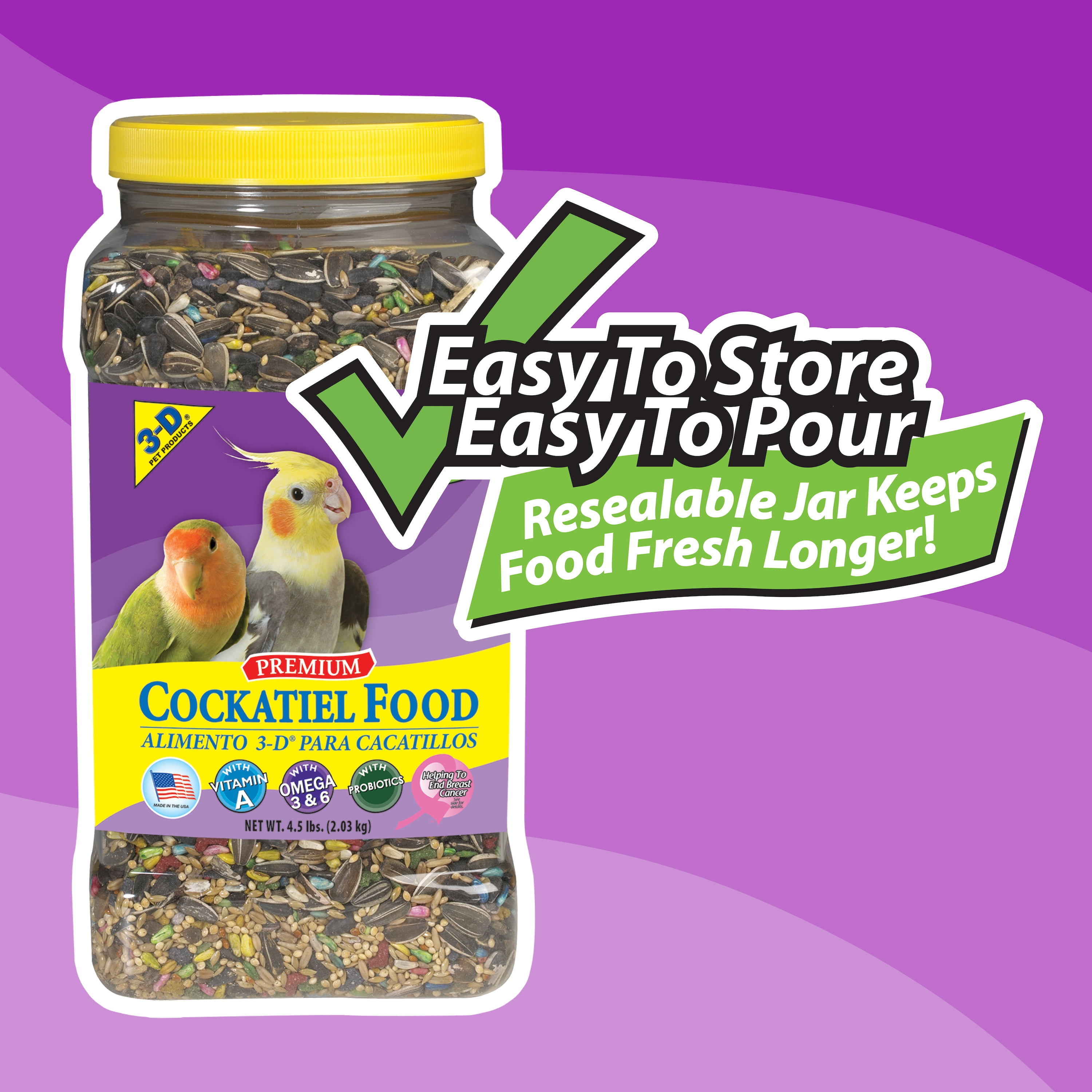 3-D Pet Products Premium Cockatiel Bird Food Seeds, with Probiotics, 4.5 lb. Stay Fresh Jar