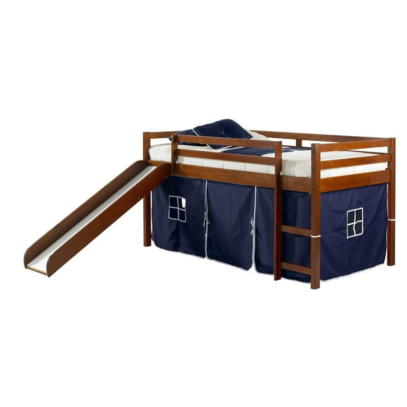 Donco Kids Loft Bed with Slide and Blue Tent Twin Light Espresso