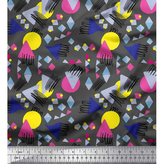 Soimoi Gray Cotton Duck Fabric Circle & Triangle Geometric Printed Fabric 1 Yard 42 Inch Wide