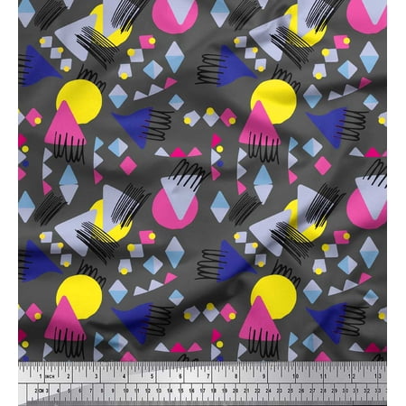Soimoi Gray Poly Georgette Fabric Circle & Triangle Geometric Print Fabric by the Yard 52 Inch Wide