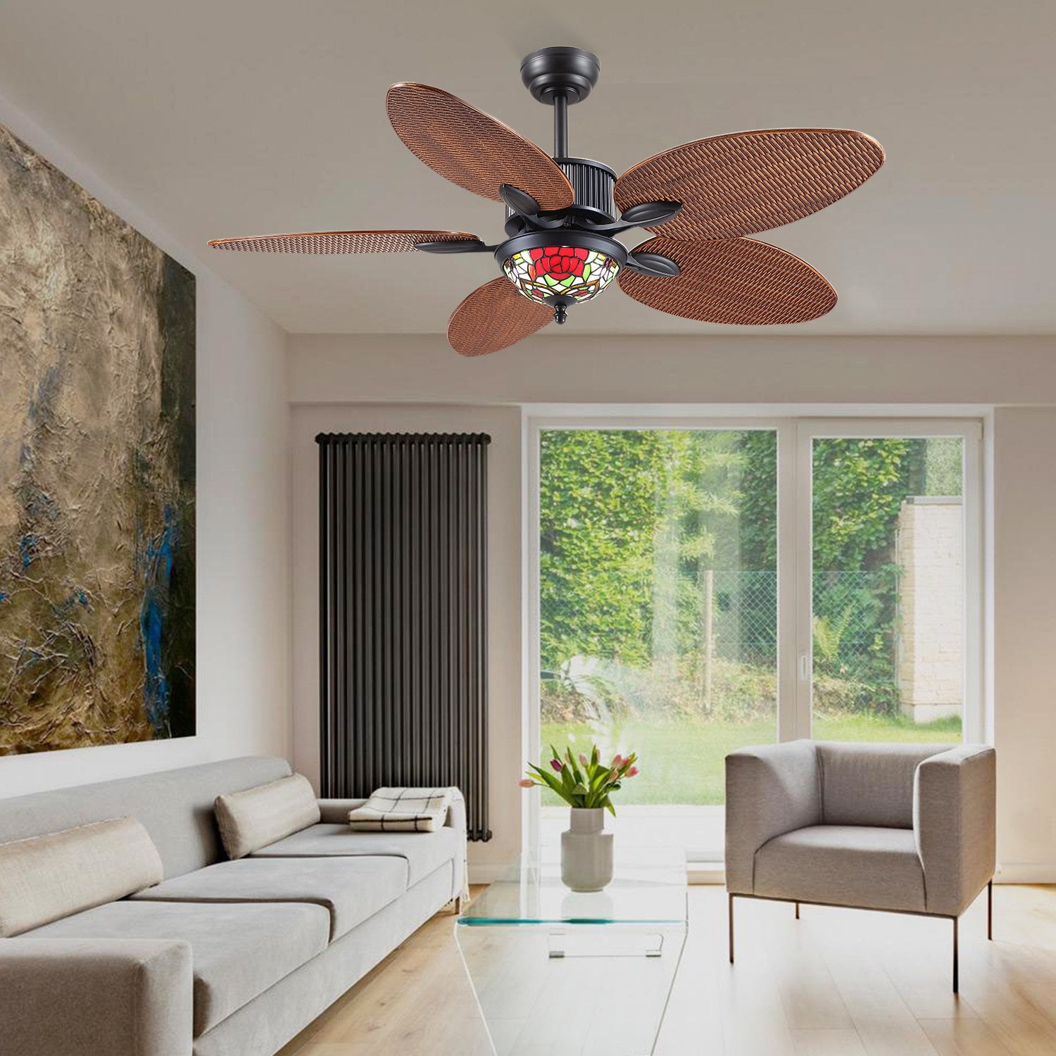 BayDay 48 Inch Tropical Ceiling Fan with Lights & Remote Control, APP Operable, 6 Speeds, Dimmable LED, Reversible Palm Leaf Fan for Bedroom, Living Room, Patio, Porch, Modern Black
