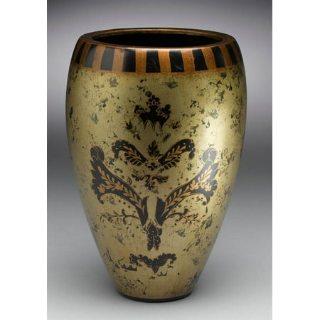Hand-Painted Asian Inspired Porcelain Vase in Black and Gold