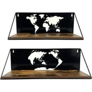 2 Pack Floating Wall Shelves with World Map Cutout Decoration Black Iron Wall Shelf for Home Decoration