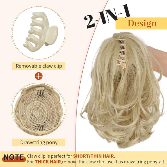 WEIF-Ponytail Extension, 10" Short Claw Clip in Pony Tails Hair Extensions Curly Wavy Synthetic Drawstring Hairpieces for Women(Light Ash Blonde)