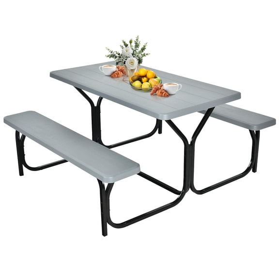 Grey Folding Picnic Table With Two Benches, Wood-Grain Top & Steel Frame