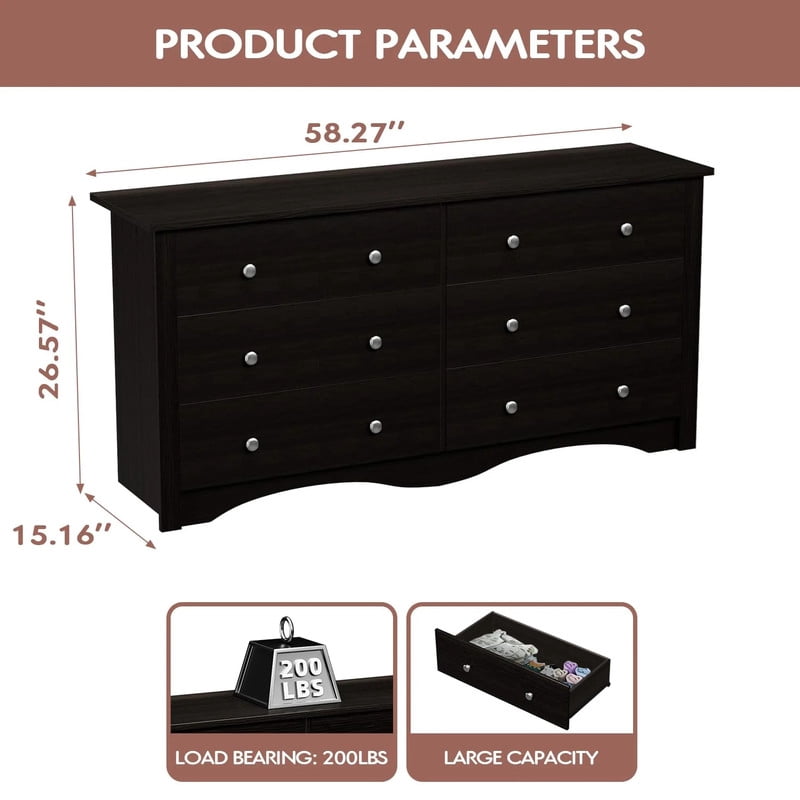 Furmax 6 Drawer Double Dresser, Wide Wood Chest of Drawers Storage Tower Storage for Living Room Bedroom, Black