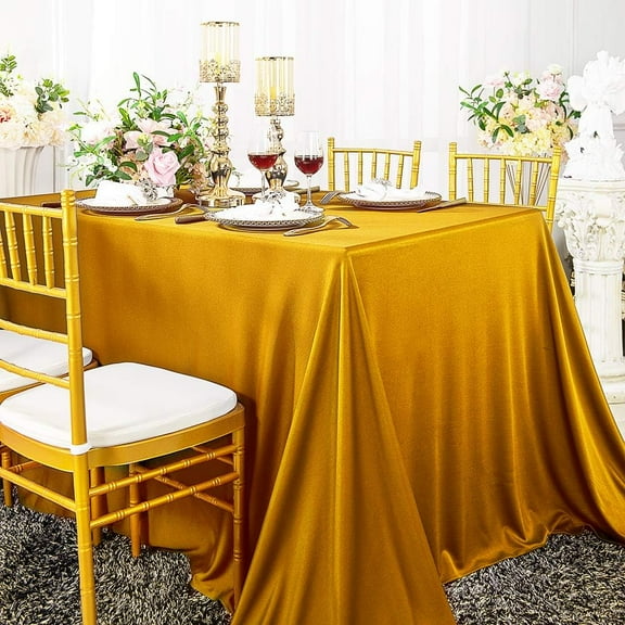 Wedding Linens Inc. Wholesale Scuba Wrinkle Free 90" x 156" Rectangular Table Cover Tablecloth - Gold