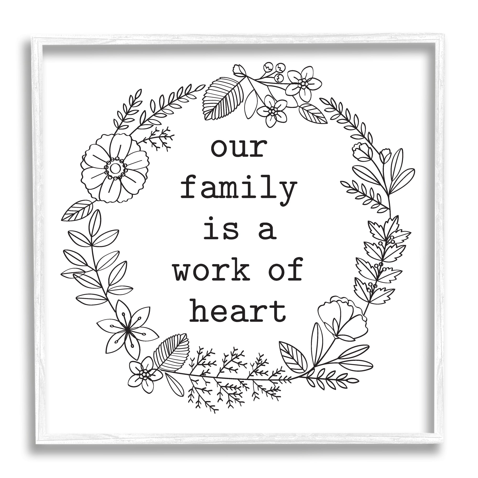 Stupell Industries Work Of Heart Floral Outline Wreath Family Quote Graphic Art White Framed Art Print Wall Art, Design by Lettered and Lined