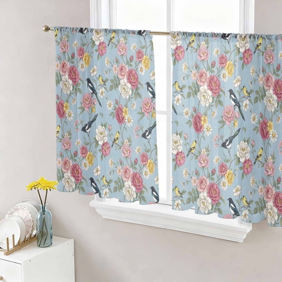 Sheer Curtains 54 Inch Length 2 Panels Set for Kitchen, Spring Red Floral Semi Sheer Curtains for Windows, Daiy Birds Farmhouse Blue Botanical Voile Window Treatments Rod Pocket Curtain