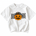 thumbnail image 2 of 【New Arrival】 Halloween Pumpkin Graphic T-Shirt, Jack O Lantern Checkerboard Short Sleeve Crew Neck Tee, 2 of 8