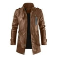 thumbnail image 1 of Abrigos de chaqueta delgada con cuello levantado de cuero artificial sólido de longitud media para hombres Pompotops  oipoqjl13702, 1 of 5
