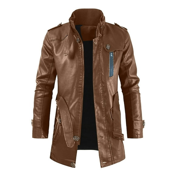Odeerbi Faux Leather Outwear Jackets for Men Mid-length Solid Artificial Leather Stand Collar Slim Jacket Coats Black