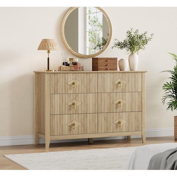Dresser for Bedroom with 6 Drawers, 48 in Wide Modern Chest of Drawers with Metal Handle, Dresser TV Stand, Wood Drawer Organizer for Bedroom, Living Room, Hallway