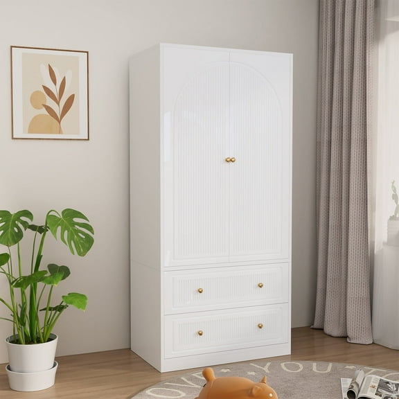Lumiinofami Armoire Wardrobe Closet, Tall Wardrobe Cabinet with 2 Fluted Doors and 2 Storage Drawers, Hanging Rod Closet for Bedroom, White