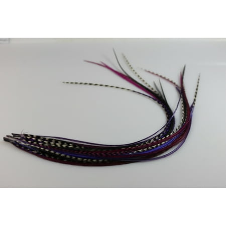 NEW 7-11 Feather Hair Extension Long Thin Dark Purple,Violet ,Black & Grizzly Featehrs (5 Feathers Bonded At the