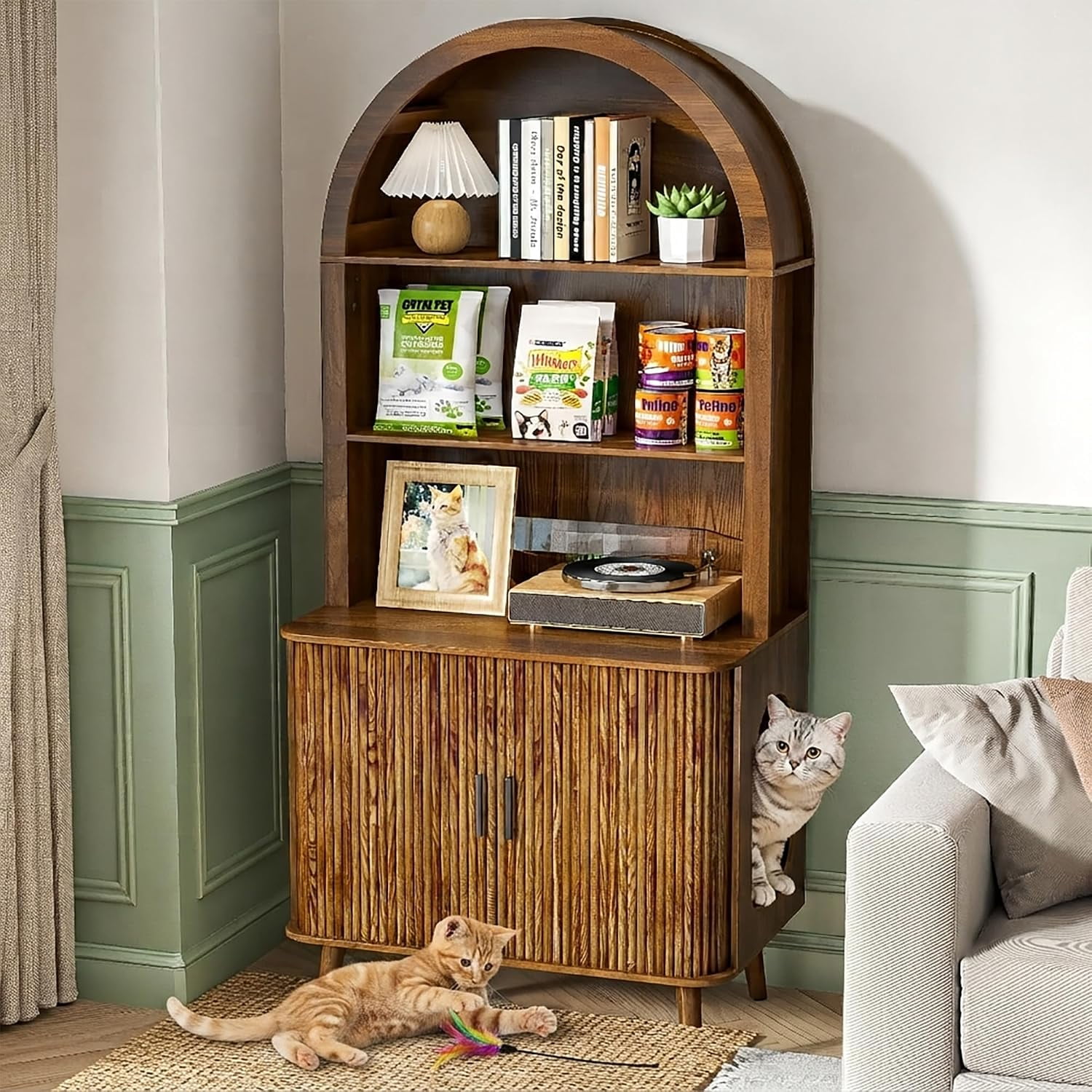 GODPAW 67 Mid Century Modern Cat Litter Box Enclosure Large Arched with 2 Sliding Doors Hidden Storage Curved Entry & 2-Tier Shelves