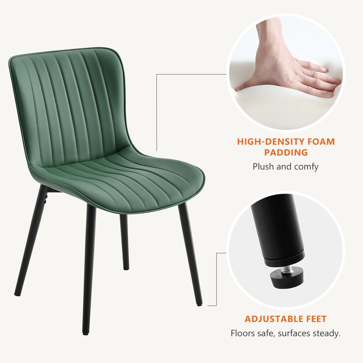Modern Dining Chairs Set of 2, PU Leather Upholstered Kitchen Side Chairs with High Backrest, Heavy Duty, Cushions & Durable Metal Legs with Adjustable Feet for Kitchen, Dining Room,Restaurant,Green