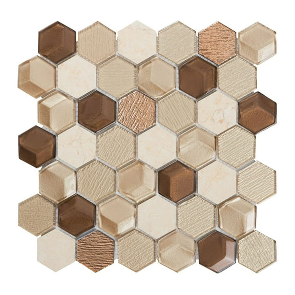 Modket Hexagon Crema Marfil Stone Metallic Beige 3D Insert Glass Mosaic Tile Backsplash