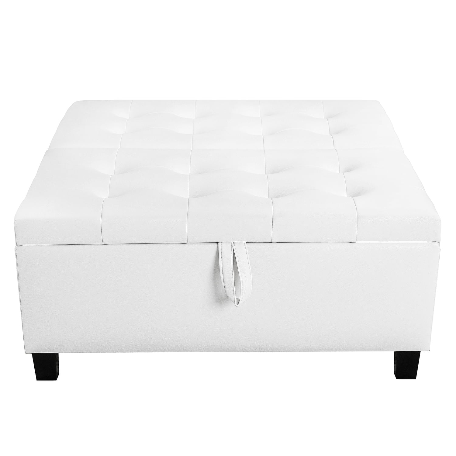 Charlotte 35 Inch Large Square Storage Ottoman Bench, Tufted Upholstered Lift Top Coffee Table Ottoman with Storage, Oversized Storage Ottomans, Toy Box, Air Leather Footrest for Living Room – White