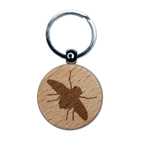 Fly Insect Sketch Round Keychain Charm Tag - Engraved Wood
