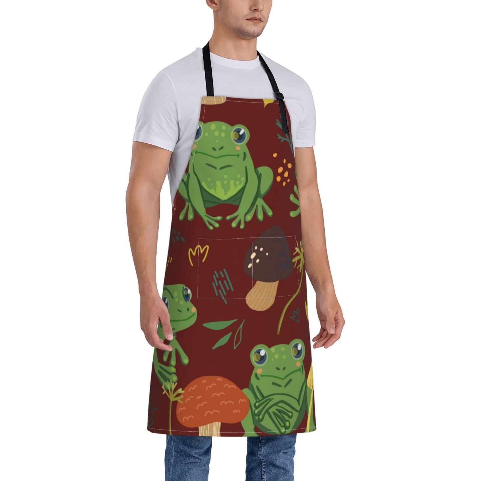 Kdxio Frogs and Mushrooms Apron with Pockets Adjustable Kitchen Aprons for Men Women Waterproof Aprons for Cooking,Drawing,Crafting, Baking Household Cleaning