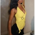 thumbnail image 6 of Halter Tops for Women V Neck Tie Halter Backless Top Sleeveless Wrap Top Ruffle Asymmetrical Halter Tops Yellow S, 6 of 9