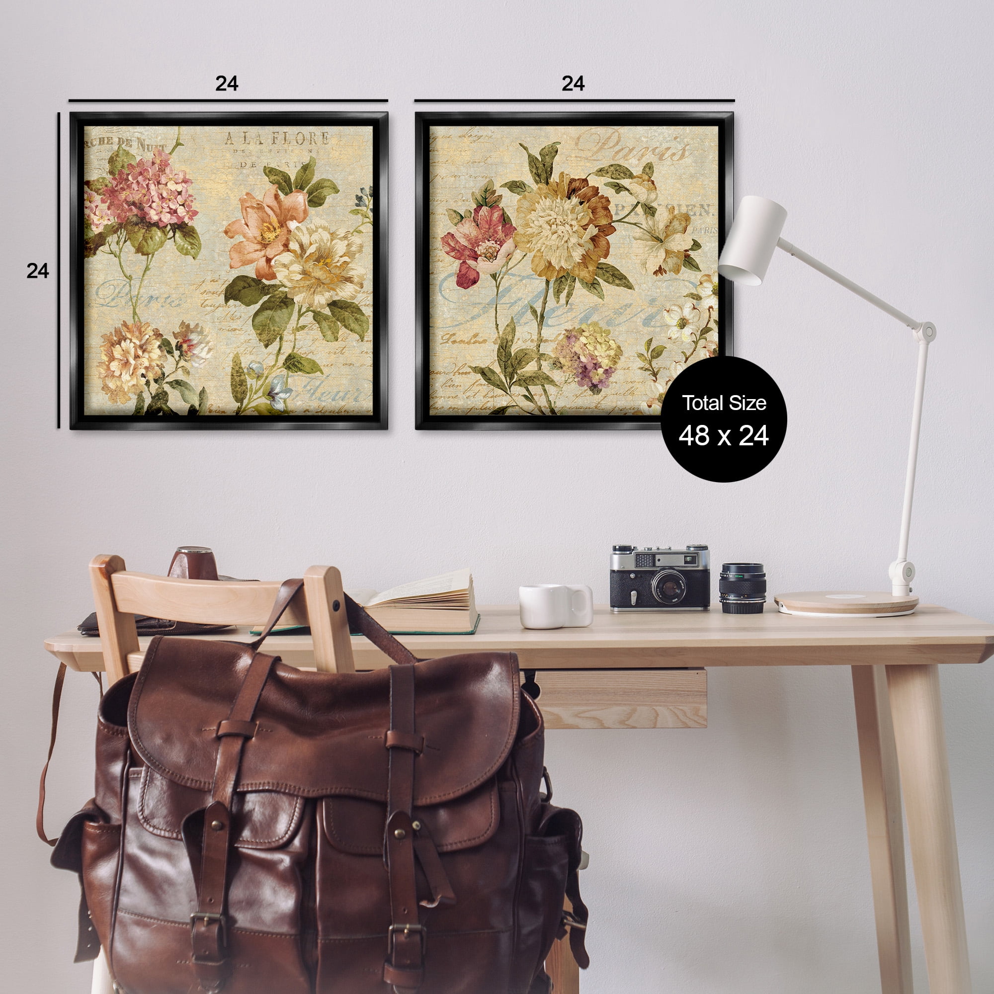 Stupell Industries Vintage French Floral with Script Botanical & Floral Painting Black Floater Framed Canvas Art Print Wall Art, 25 x 25, Set of 2