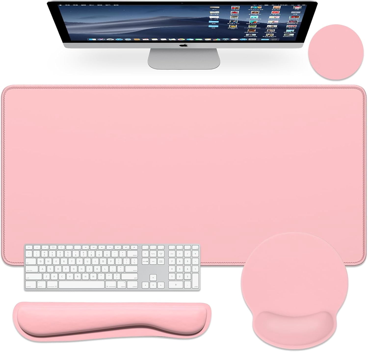 WEIFEI-Large Gaming Mouse Pad, Pink Mouse Pads with Wrist Rest Wrist Support, 4in1 Big XXL Desk Mat Desk Pad + Ergonomic Mousepad + Memory Foam Keyboard Mat Wrist Rest + Coaster Set for Computer
