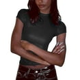 thumbnail image 1 of Prolriy Hauts d'Été pour Femmes 2025 T-Shirt à Manches Courtes Col Rond Métallique Brillant Réfléchissant Couleur Unie Noir m, 1 of 8