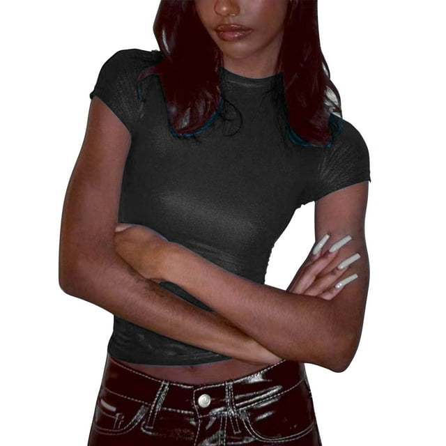 Prolriy Hauts d'Été pour Femmes 2025 T-Shirt à Manches Courtes Col Rond Métallique Brillant Réfléchissant Couleur Unie Noir m