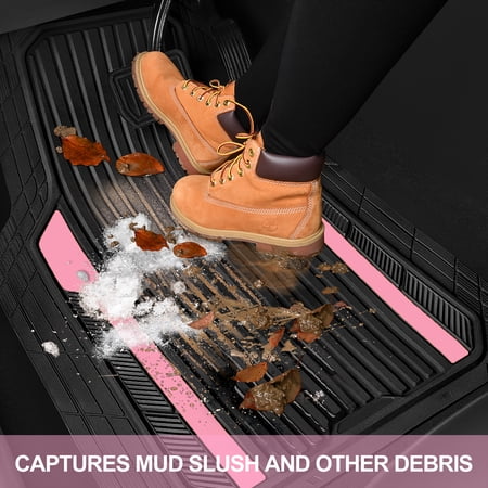 AUTO DRIVE 4-PIECE BLACK & PINK HEAVY DUTY RUBBER CAR FLOOR MATS, ALL WEATHER UNIVERSAL TRIM-TO FIT FOR CAR, SUV AND TRUCK MATS