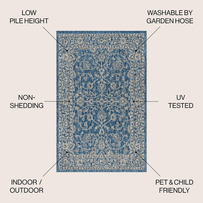 5' X 7' Ivory Or Blue Vines Bordered Uv Treated Indoor Outdoor Area Rug 5' X 7' Ivory Or Blue Vines Bordered Uv Treated Indoor Outdoor Area Rug