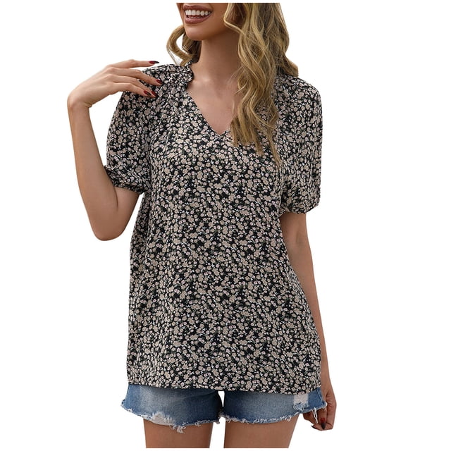 Blusa de manga corta con cuello en V y estampado informal para mujer a la moda OAVQHLG3B Store lin121212