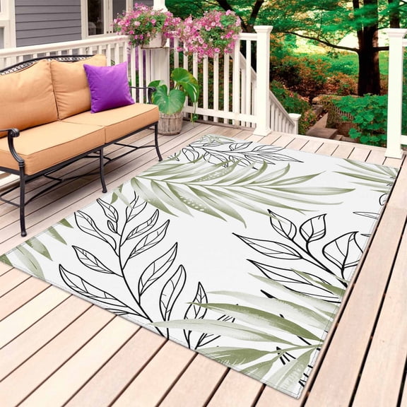 Sage Green Leaves Outdoor Rug for Patio/Deck/Porch, Non-Slip Large Area Rug 5 x 8 Ft, Abstract Modern Geometric Lines Simple Art Indoor Outdoor Rugs Washable Area Rugs, Camping Rug Carpet Runner