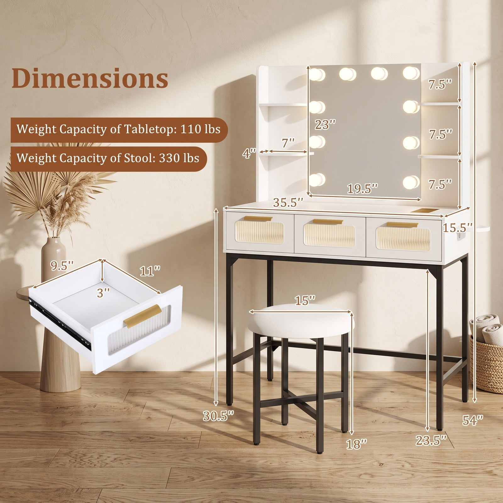 Furnibear Makeup Vanity Desk with Hollywood Mirror and 10 Lights Padded Stool Built-In Charging Station for Bedroom, White
