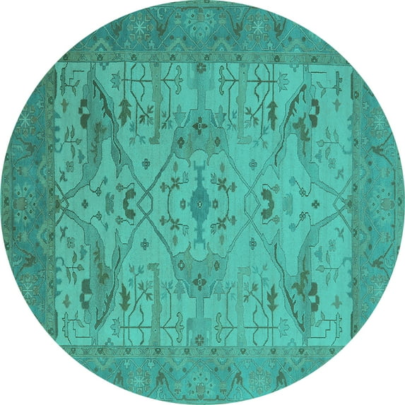 Ahgly Company Indoor Round Oriental Turquoise Blue Industrial Area Rugs, 7' Round