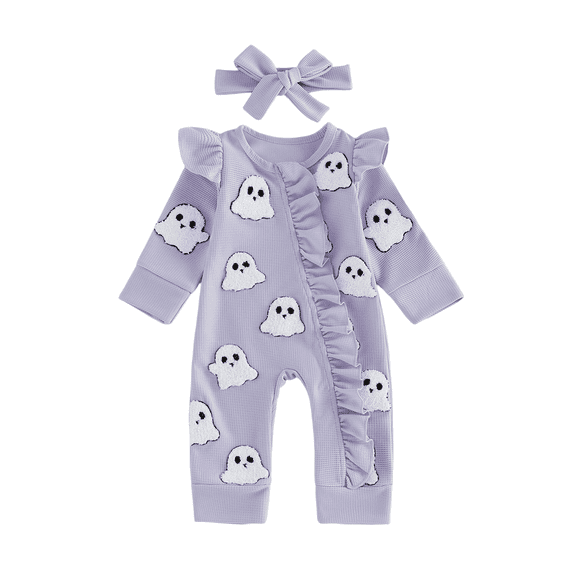 RUINIXCW Newborn Baby Girl Halloween Outfit Infant Baby Girl Fall Winter Clothes Waffled Romper Pumpkin Ghost Embroidery Ruffled Long Sleeve Zipper Jumpsuits Headband Set