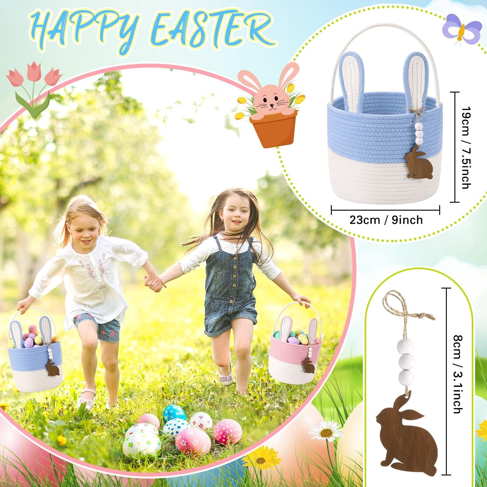 Easter Bunny Basket for Kids, Set of 2 Rabbit Ear Easter Basket with Rabbit Wood Bead Tags, Egg Hunt Bucket for Girls Boys(Yellow White)