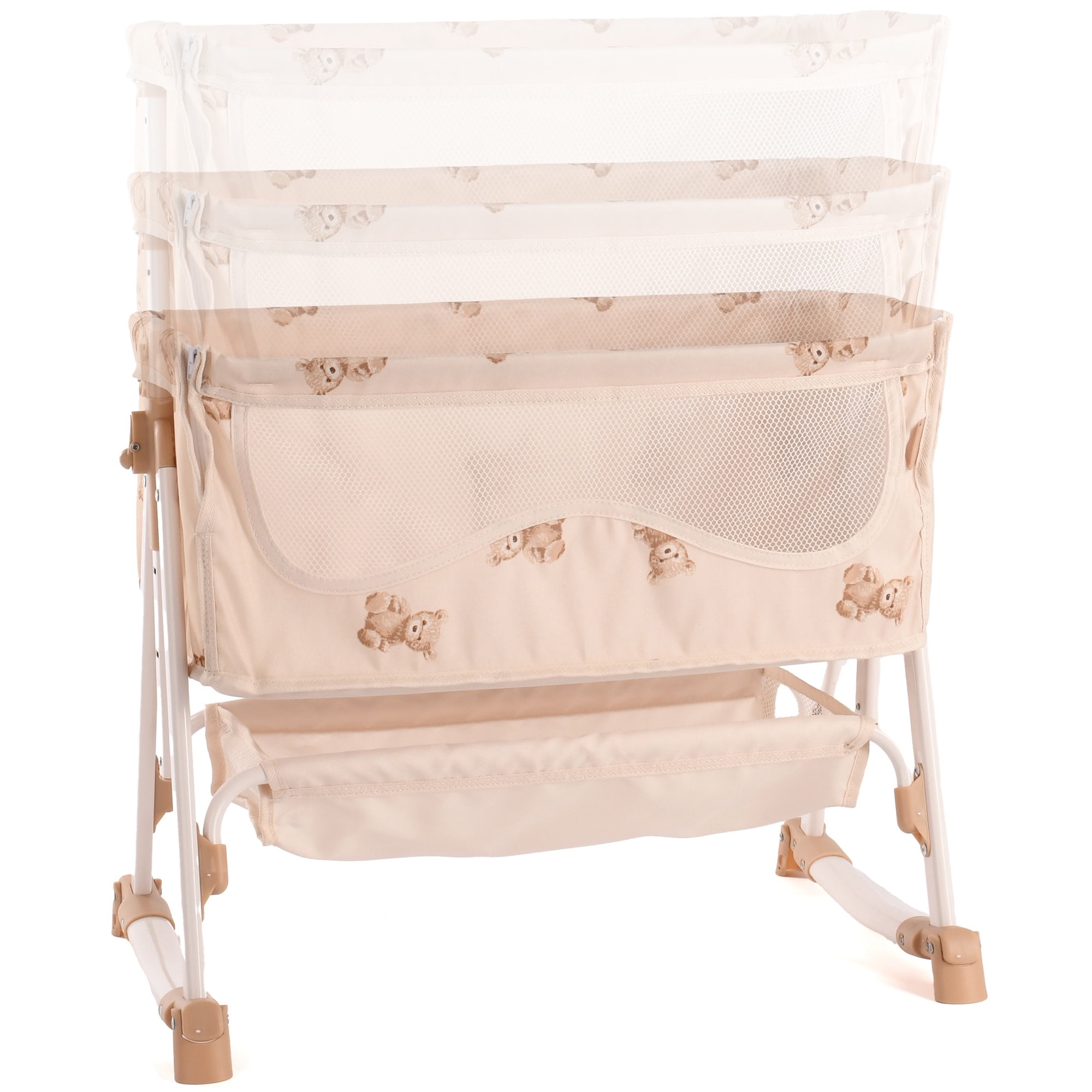 Roma Prams: Teddy Doll Bedside Crib - Beige & Bear, Rocking & Stationary, Bedtime Accessory, Adjustable Station Height, Storage, Roleplay Toy, Kids 3+