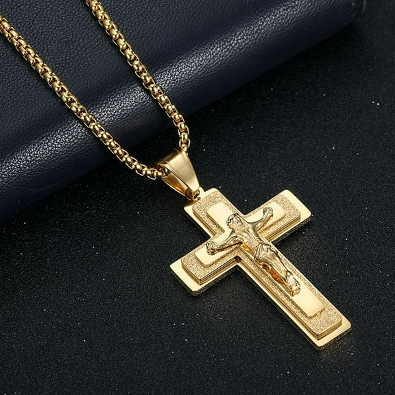 Hip Hop 14K Yellow Gold 3 Layers Cross INRI Crucifix Jesus Pendants Necklace for Men Jewelry