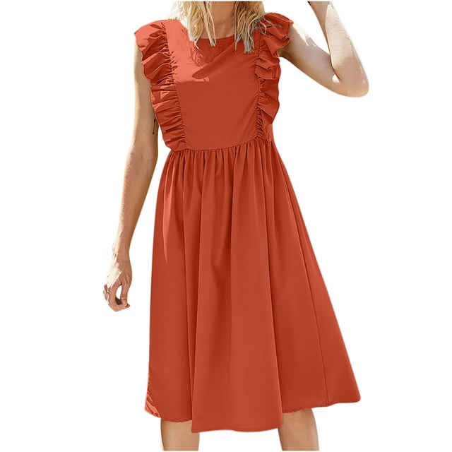 Robe à Manches à Volants pour Femmes, Col Rond, Décontractée, Jupe Ample, Unie, Sans Manches, à Volants, Robe Longuette