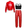 thumbnail image 4 of dPois Kids Girls Shiny Metallic Bomber Jacket Coat Outwear Jazz Hip Hop Dance Crop Top Sports Bra Red 14, 4 of 9